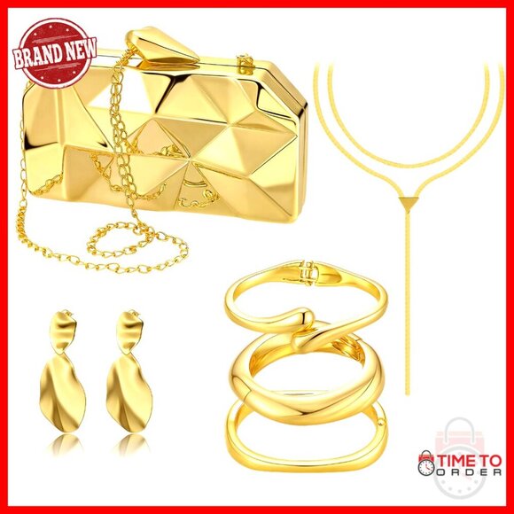 Handbags - Gold Acrylic Clutch Purse Jewelry Set with Bracelet Necklace Earrings